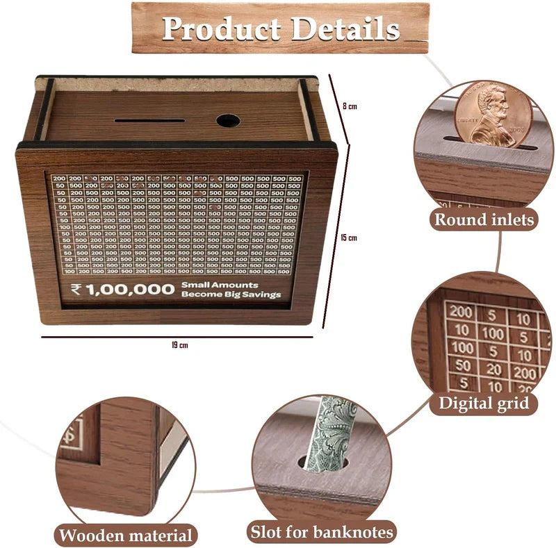 Money Bank Wooden Piggy Bank for Kids & Adults