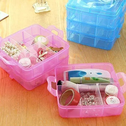 Plastic 3 Tier Stackable Adjustable 18 Compartment Slot Snap (Light Pink)