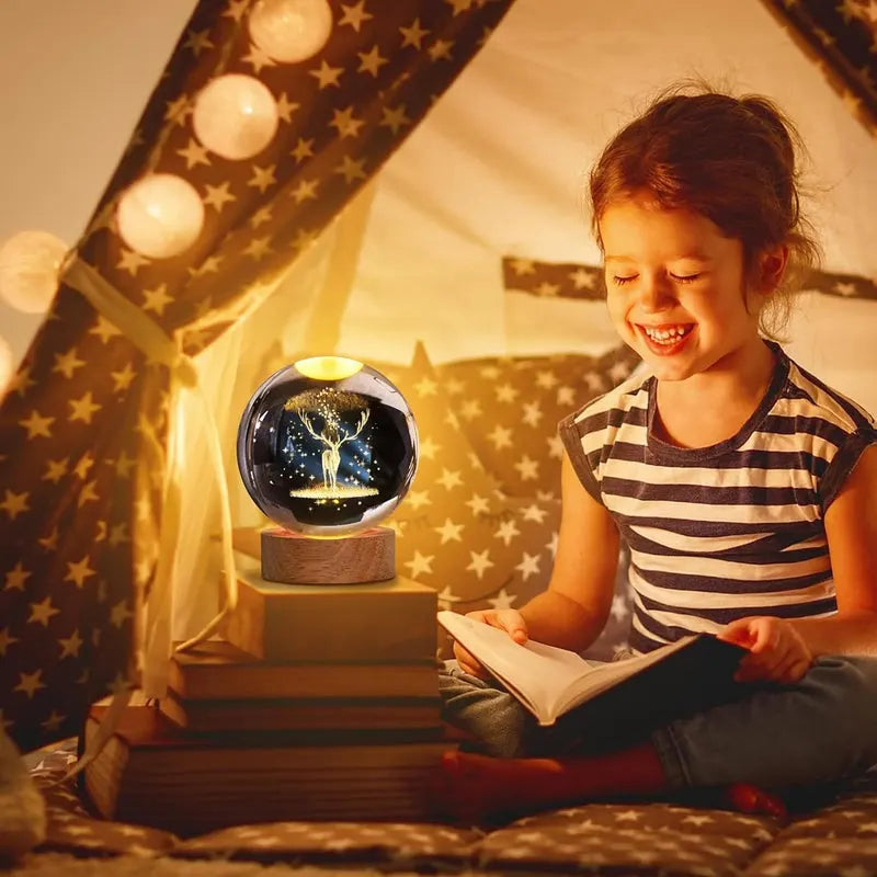 3D Engraved Deer Crystal Globe Lamp