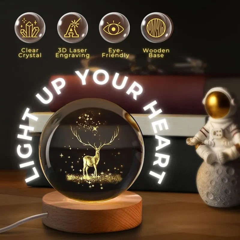 3D Engraved Deer Crystal Globe Lamp