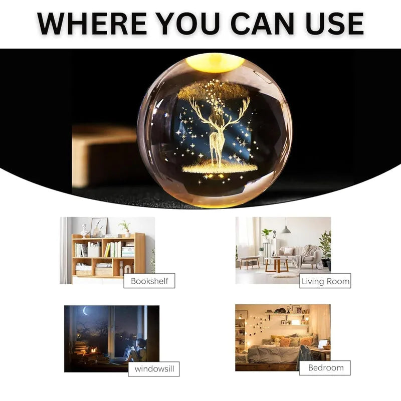 3D Engraved Deer Crystal Globe Lamp