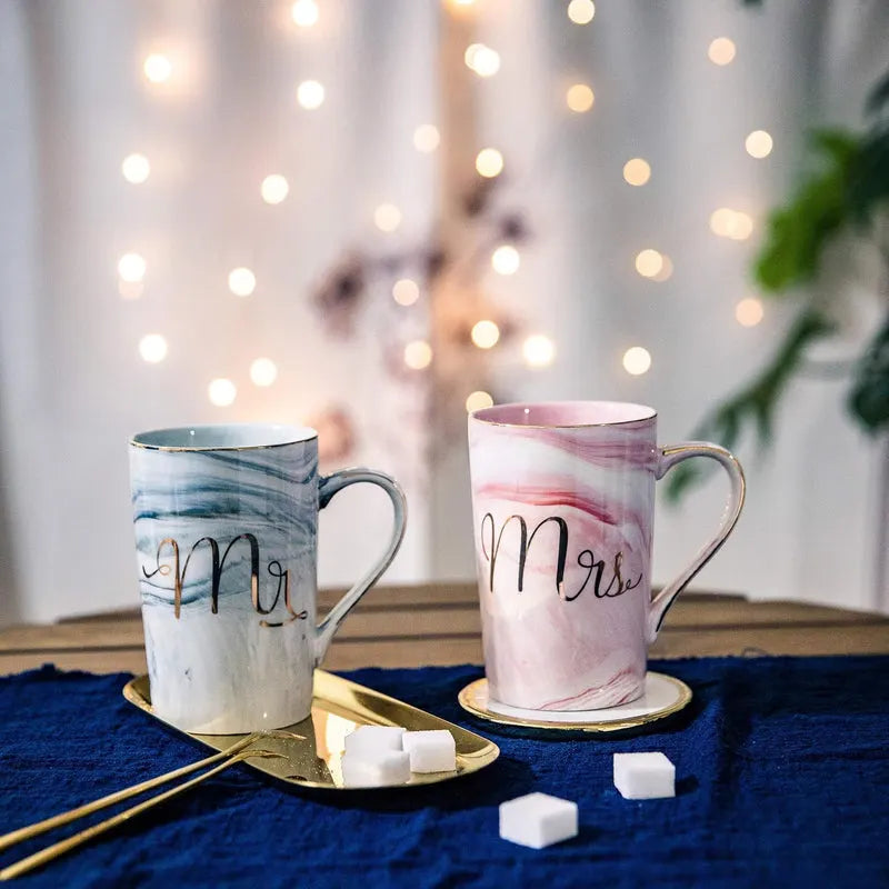 Ceramic Marble Finish Coffee Mug With Lid & Spoon
