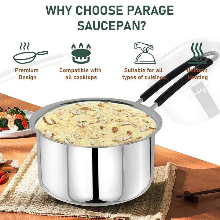 Heavy Gauge Stainless Steel Sauce Pan, Tea Pan, Milk Pan (Silver 1 Litre)