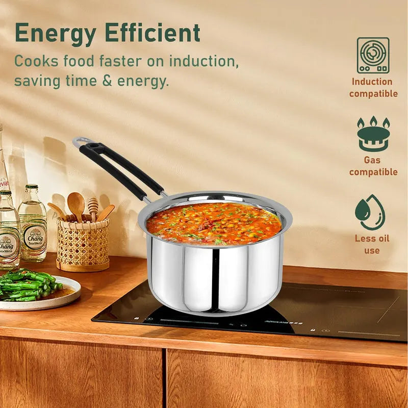 Heavy Gauge Stainless Steel Sauce Pan, Tea Pan, Milk Pan Pot Tapeli Patila (Silver 1.5Litre)